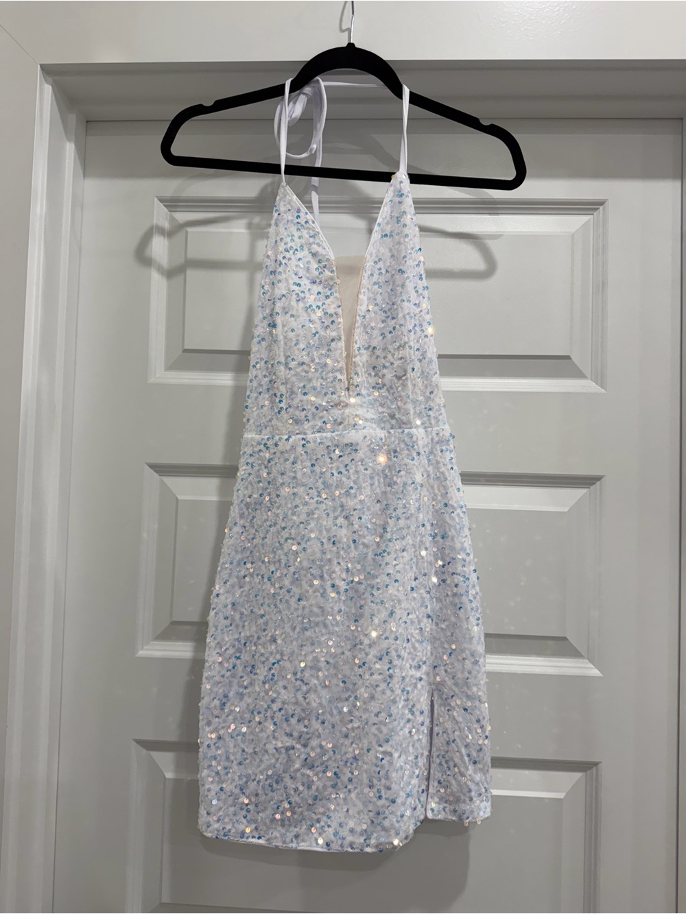 White Sequin Mini Halter Dress